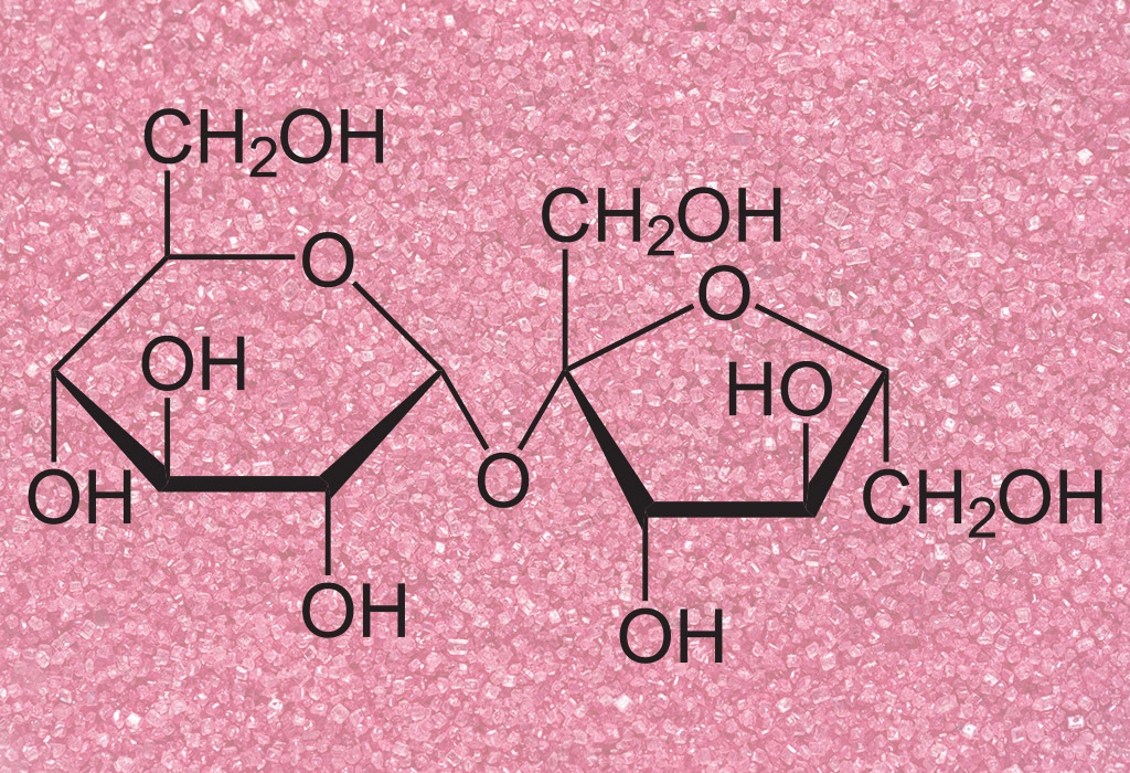 Chemical structure of sucrose superimposed on image of sugar crystals