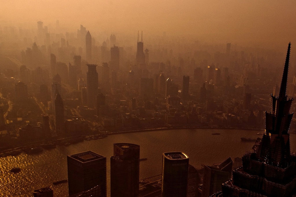 Smog and pollution covers the city of Shanghai