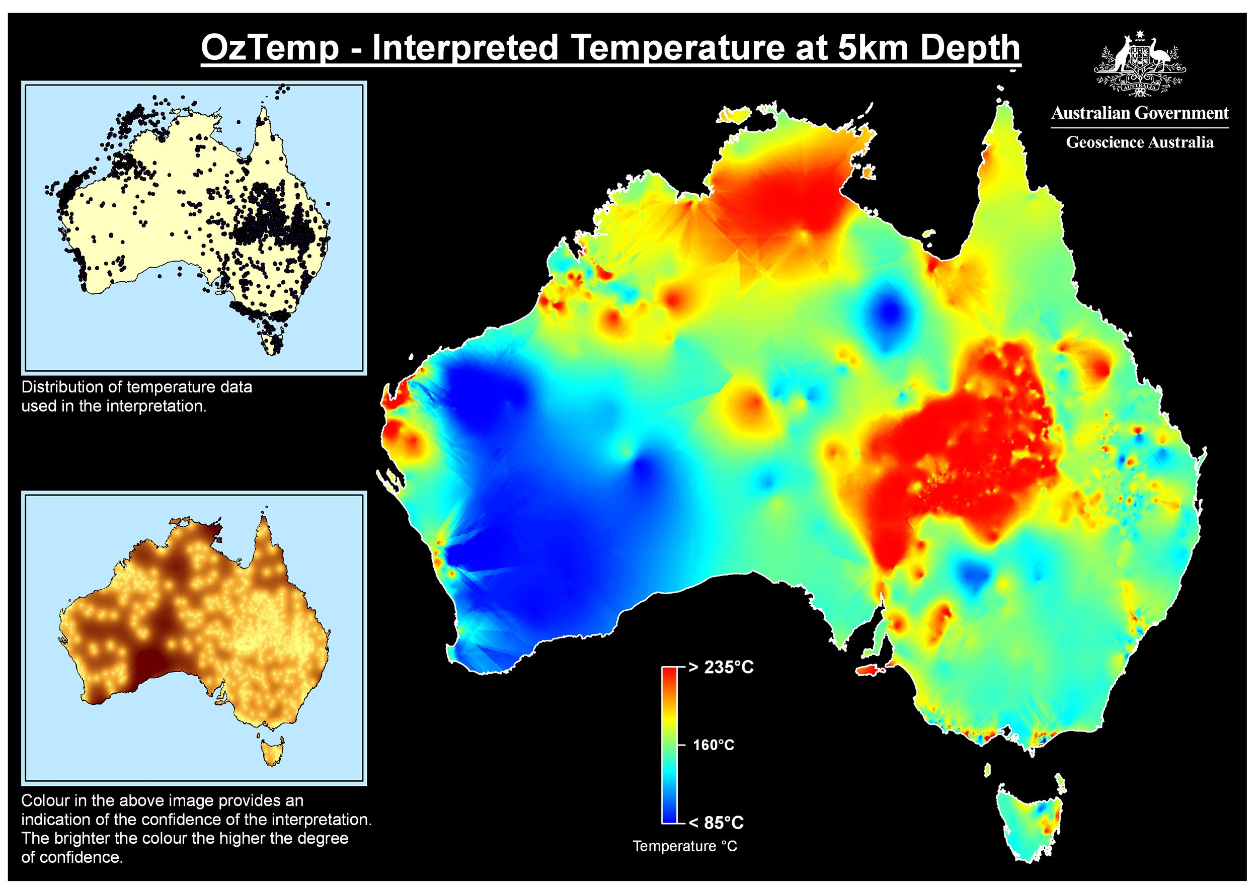 Map of Australia showing the range of temperatures under the ground.