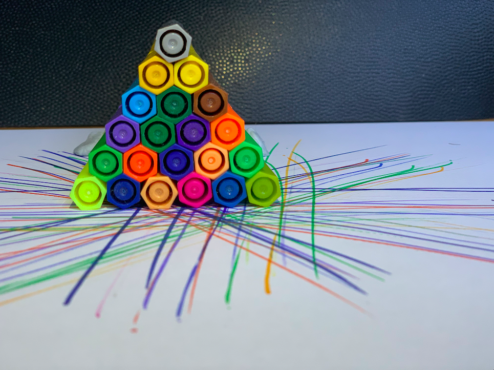 Name: Ava. Prize: Shortlist. The overall shape is an equilateral triangle. It has 6 individual hexagon shapes along each equal side of the triangle, each angle 60º. The 21 individual hexagons tessellate. Each hexagon encloses a circumscribed circle. This object contains a unit of measurements to calculate the area using formula A=√3/4 x a², -area 15.588 pens².