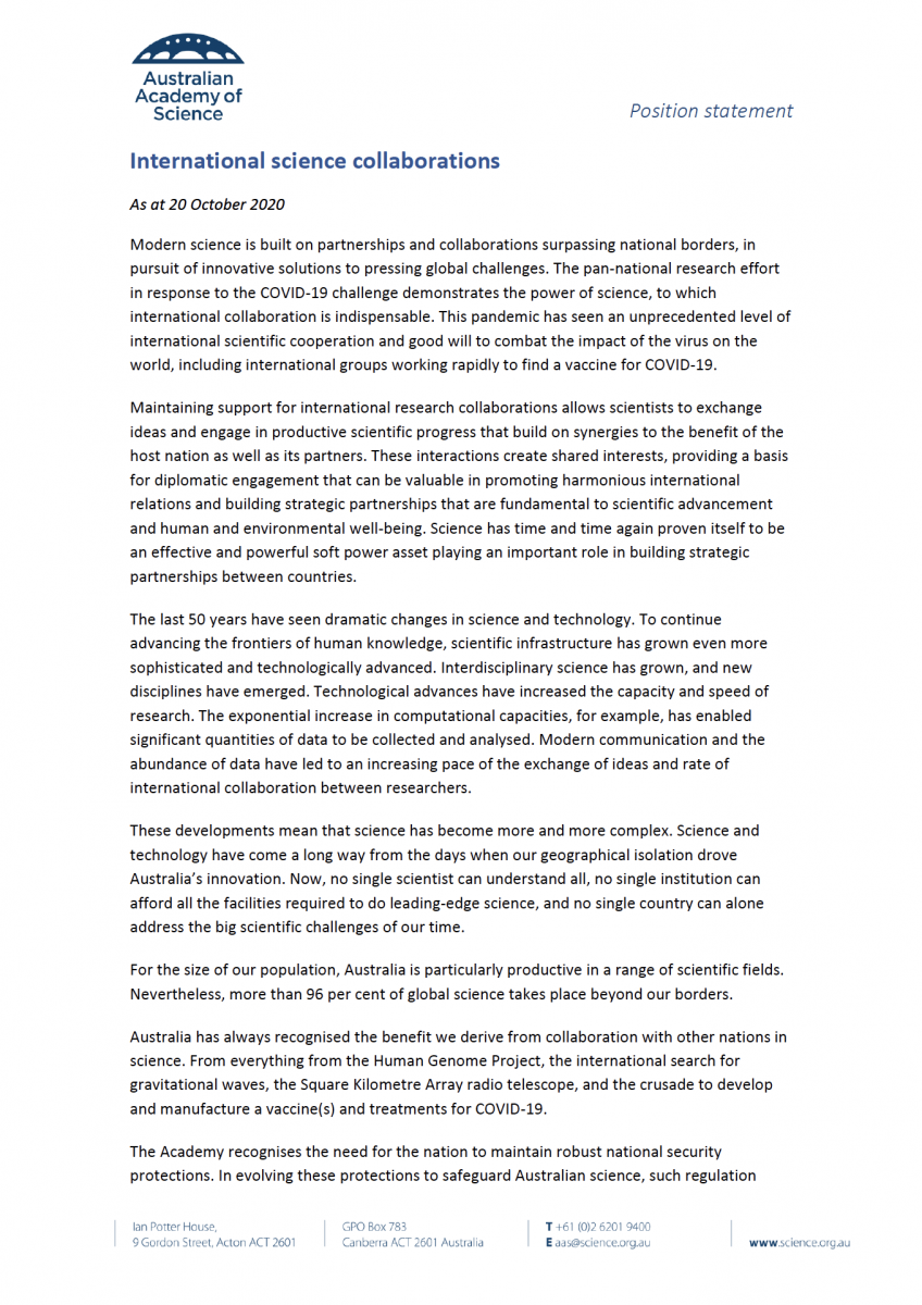 Position statement—International science collaboration