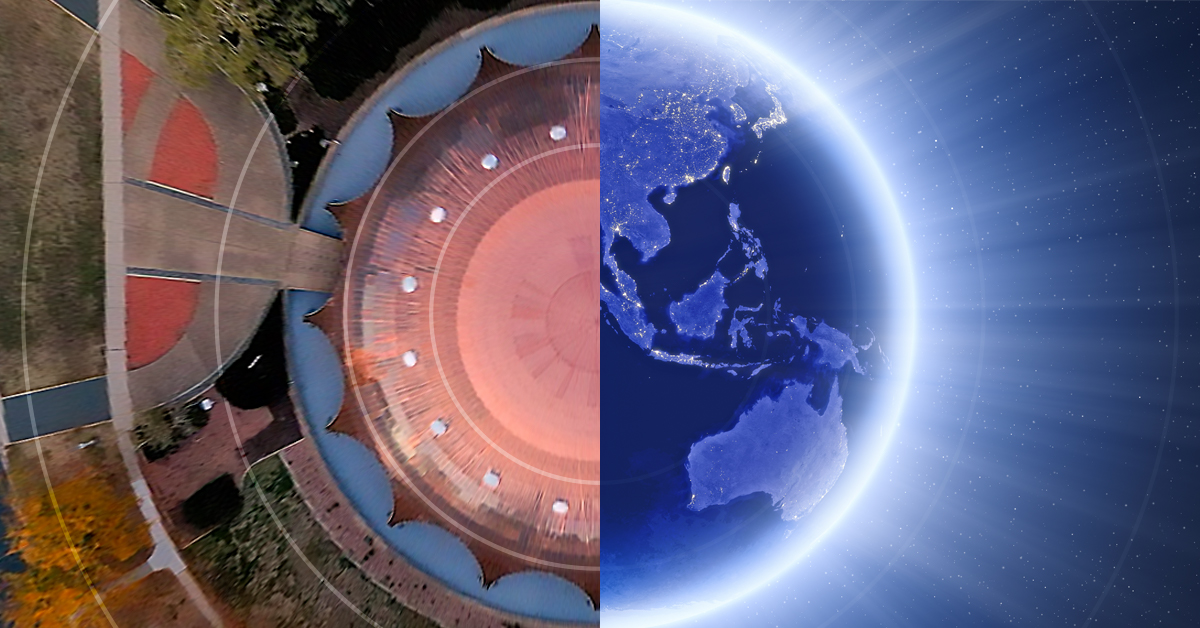 The Shine Dome, a round copper structure supported by 14 arches and surrounded by a moat, is superimposed against a stylised image of the Asia-Pacific region as seen from space.