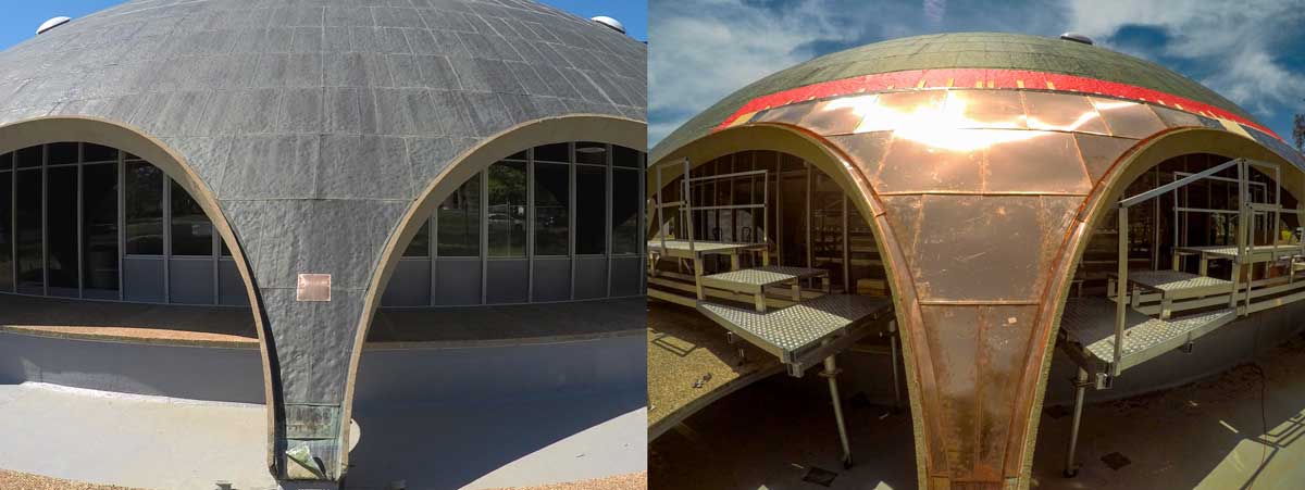 The Shine Dome's old grey-green roofing alongside new bright copper roofing