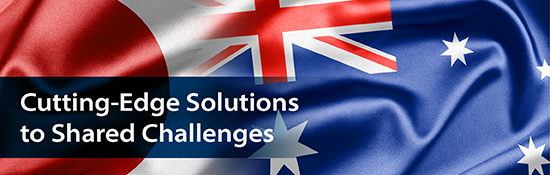 Graphic blending of a Japanese and an Australian flags, with text overwritten: Australian Government Department of Industry, Science and Resources (logo) and Australian Academy of Science (logo), and 'Cutting edge solutions to shared challenges'