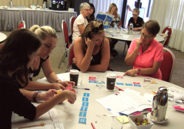 Teachers sitting at round tables looking at and sorting coloured cards