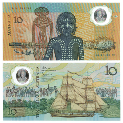 The two sides of the first polymer banknote, a commemorative $10 banknote issued in 1988 to celebrate Australia’s bicentenary, showing on one side a sailing ship in a sheltered cove with a few buildings and tents in the background, and an array of people representing changes over the 200 years of European settlement. The other side symbolises the original discovery and settlement of Australia some 40,000–60,000 years earlier by First Nations people, showing a young person with traditional body paint, a Morning Star Pole and other designs including from Aboriginal artworks commissioned by the Reserve Bank of Australia.