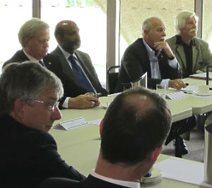The delegation at the Academy meeting. Along the back from left: Professor Brian Schmidt, Professor Jagadish, Professor Jürgen Mlynek, Professor Hans Bachor.
