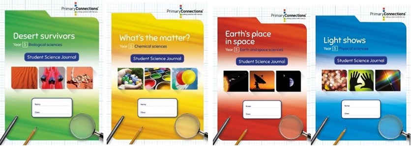 Four Year 5 journals, called Desert survivors, What's the matter?, Earth's place in space, and Light shows