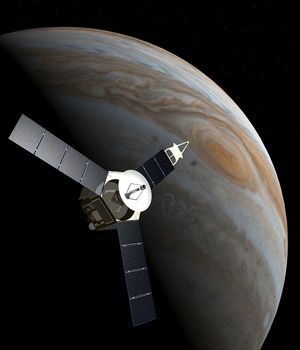 Image of NASA's Juno spacecraft doing a flyby of Jupiter