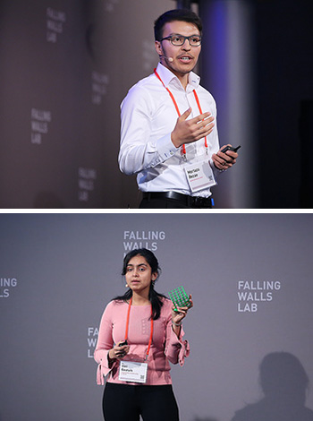 A man speaking (left image) and a woman speaking (right images) on a stage in front of a crowd