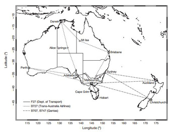 Simple outline map of Australia and New Zealand showing dotted lines between some cities