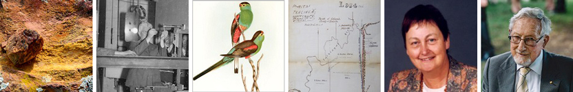 Composite image of: pinky-yellow rocks; man working on machine; red and green parrots; hand-drawn map of coastline; Sally Smith; Jim Lance
