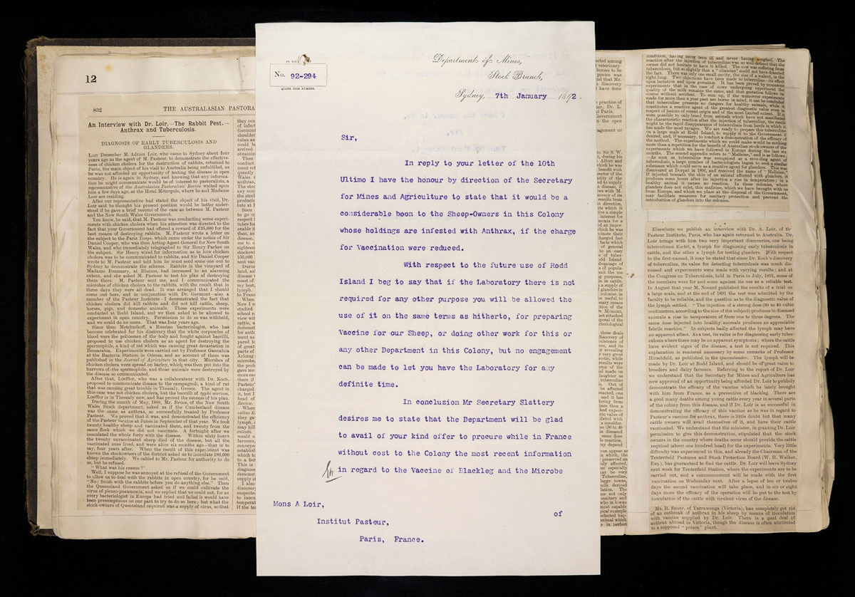 Sepia coloured cuttings, and a letter to Loir regarding vaccines and the use of Rodd Island.