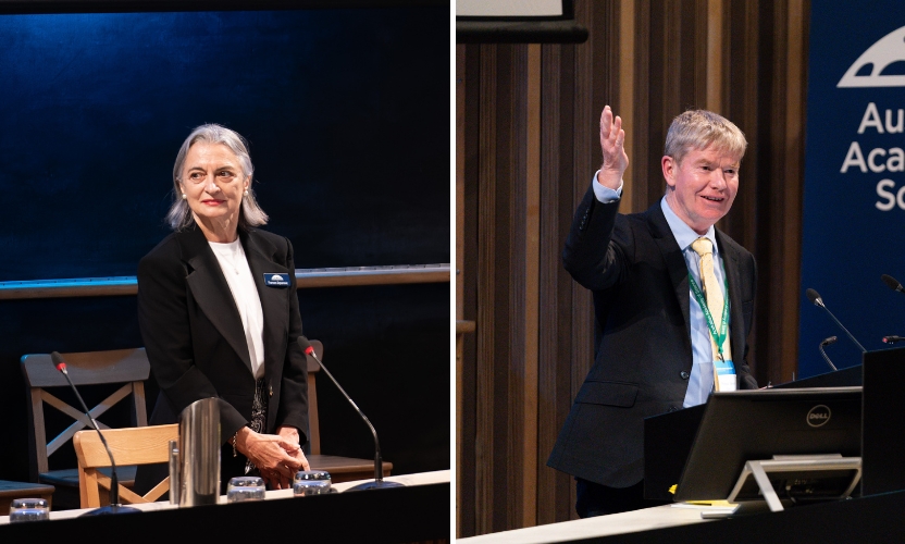 A composite of two images: on the left is a woman, Professor Frances Separovic AO FAA, behind the lectern. On the right, Professor Steven Chown FAA gesticulates while speaking.