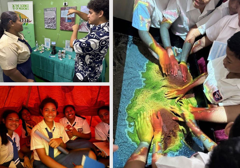 Three images of school students engaged in fun science activities