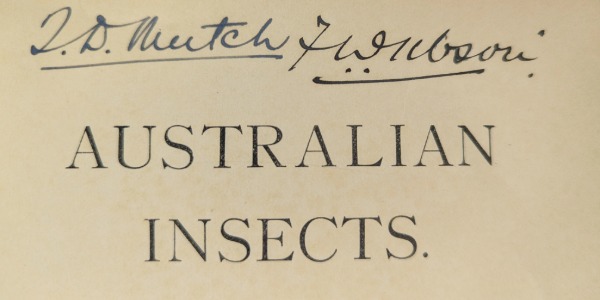 Title page of Australian insects books showing handwritten names of former owners.