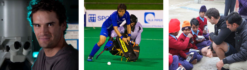 tristan clemons portrait, tristan playing hockey, tristan and children