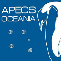 Blue APECS Oceania logo with white outline of penguin