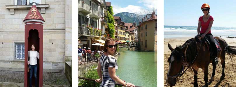 Helen Macpherson standing in a decorated sentry box in front of stone building, Helen on a bridge in Venice, and Helen riding a horse on a beach