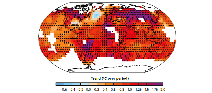 map shows the distribution of the average temperature change between 1901 and 2012
