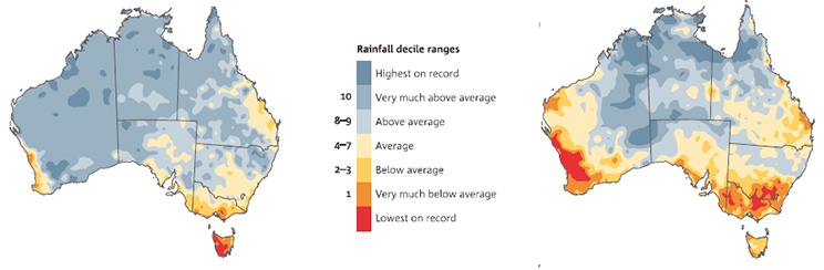 maps show the relative ranking (in 10%increments) of rainfall from July 1995 toJune 2014 compared with the averagesince 1900 for (left) northern Australianwet season (Oct–Apr) and (right)southern Australian wet season(Apr–Nov).