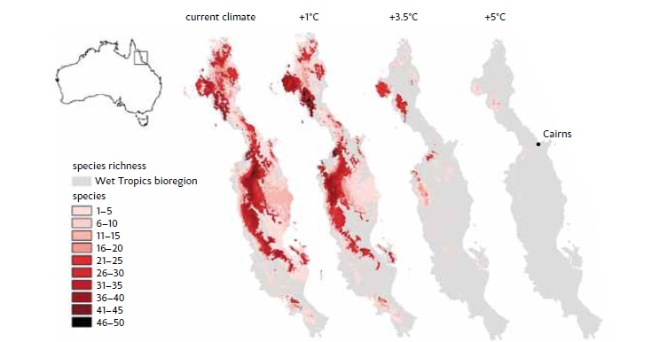 As temperatures becomewarmer, native animals that dependon cooler mountain habitats may beparticularly vulnerable, as shown for thisexample from northern Queensland.