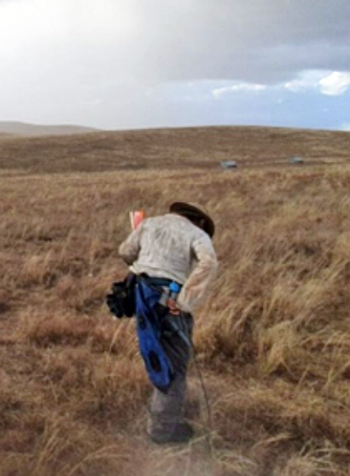 A person wearing outdoor clothes and a hat standing in the middle of open grasslands, looking at the ground