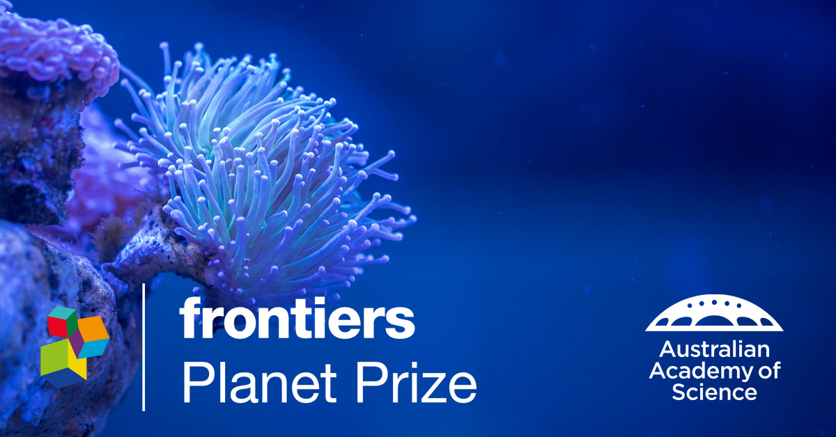 Blue-toned underwater reef scene with logos for Frontiers Planet Prize and Australian Academy of Science