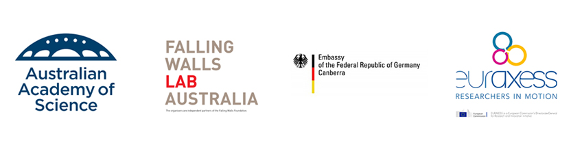Logos for Australian Academy of Science, Falling Walls Lab Australia, Embassy of the Federal Republic of Germany Canberra, and Euraxesss
