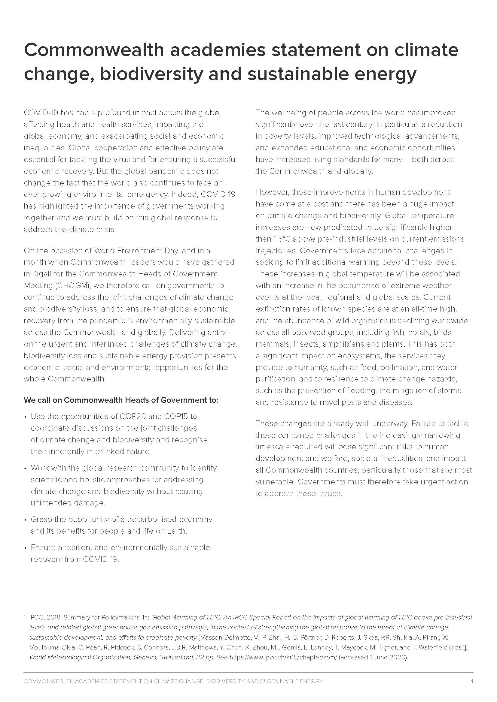 Commonwealth academies statement on climate change, biodiversity and sustainable energy