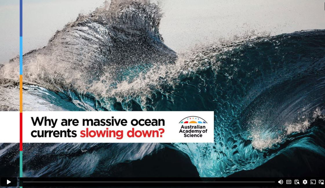 Screengrab of a video thumbnail which depicts a breaking wave with the text 'Why are massive ocean currents slowing down?' and the Academy's Curious logo