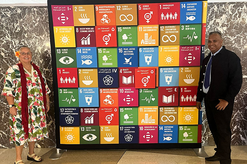 Two people standing on either side of a large pinboard covered in colourful square Sustainable Development Goal icons