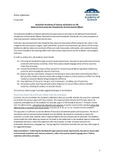 Cover of the Australian Academy of Science submission on the National Environmental Standard for Environmental Offsets