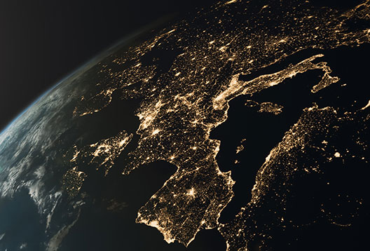 Europe viewed from space with cities lit up at night