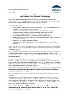 Cover page of the Academy's submission on the Discussion paper: A new plan for ARC-funded research