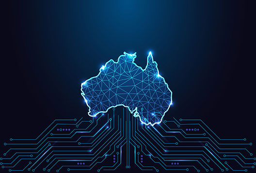 A graphic outline of Australia lit up in blue