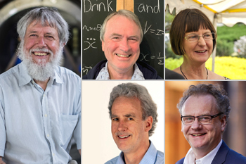 PM's Prize for Science joint awardee Emeritus Professor David Blair FAA (far left), (clockwise from top left) Professor Susan Scott FAA, Professor David McClelland FAA, PM's Prize for Innovation awardee Professor Thomas Maschmeyer FAA FTSE, Science Prize joint awardee Professor Peter Veitch