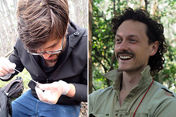 Left to right: a person with brown hair takes a swab from a small frog, a person stands in the forest 