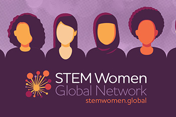A graphic showing four cartoons of women with the words 'STEM Women Global Network'
