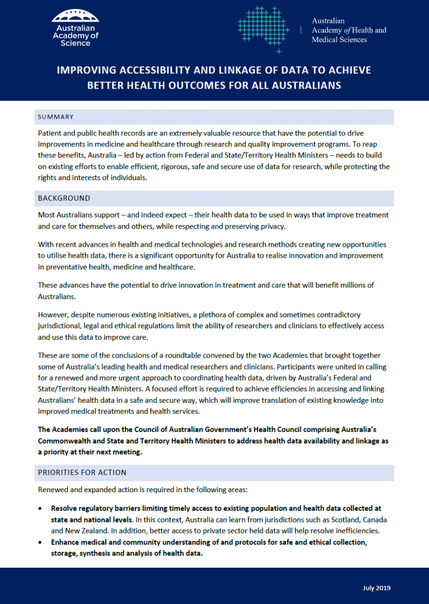Statement—Improving accessibility and linkage of data to achieve better health outcomes for all Australians