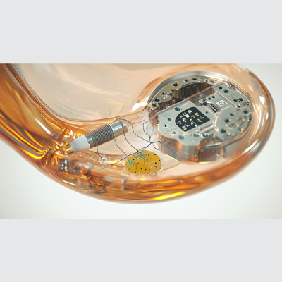 Detailed 3D view of a curved device (similar in shape to the bottom part of a field hockey stick) showing the internal electronic components.