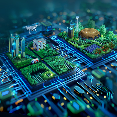 Imaginative image (not to scale) of a city built on and connected by a printed circuit board, showing the Shine Dome, city towers, communication towers, a drone, and a green and productive landscape with fruit trees, houses and an emergency vehicle.