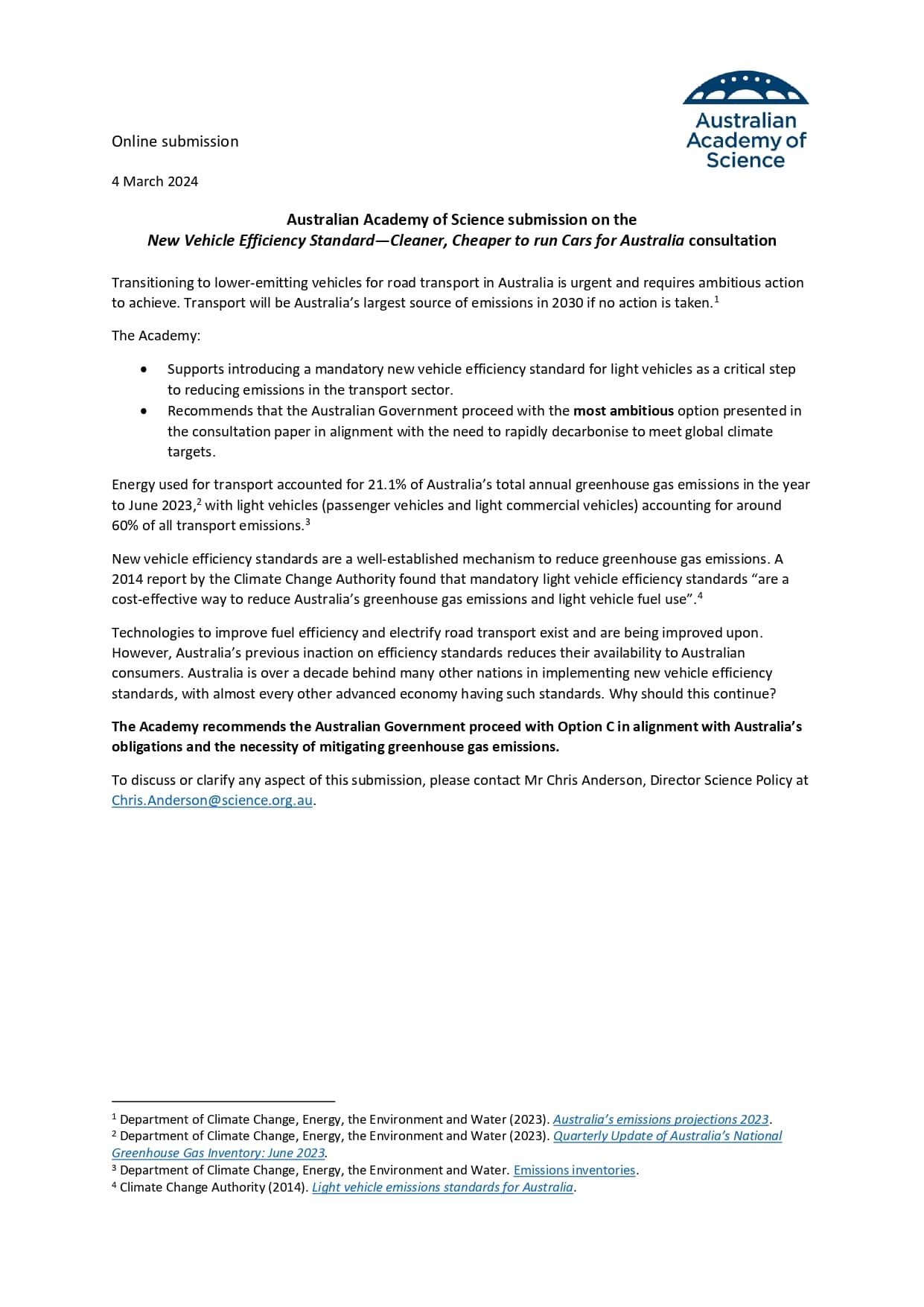 Submission—New Vehicle Efficiency Standard: Cleaner, Cheaper to run Cars for Australia consultation