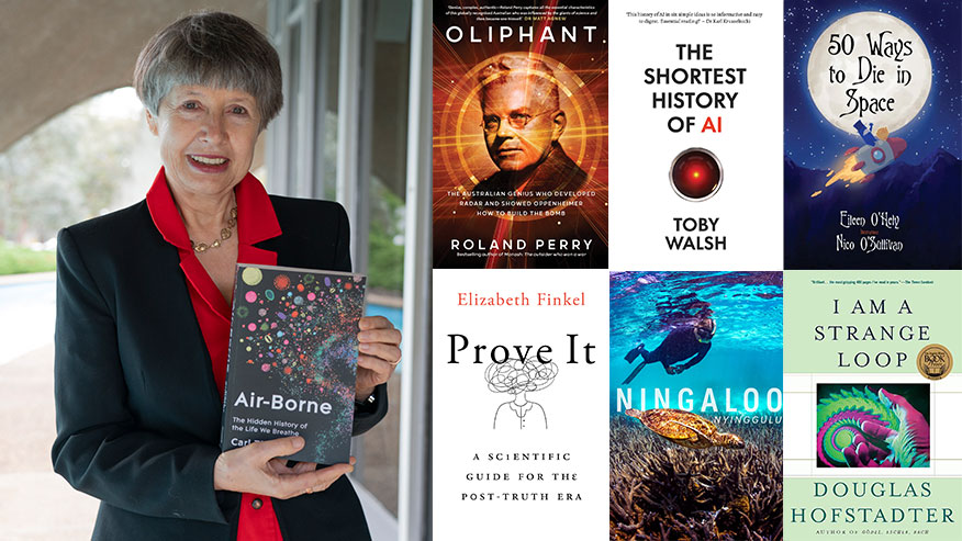 Professor Lidia Morawska holding a copy of the book 'Air-Borne' by Carl Zimmer, and a collage of six book covers.