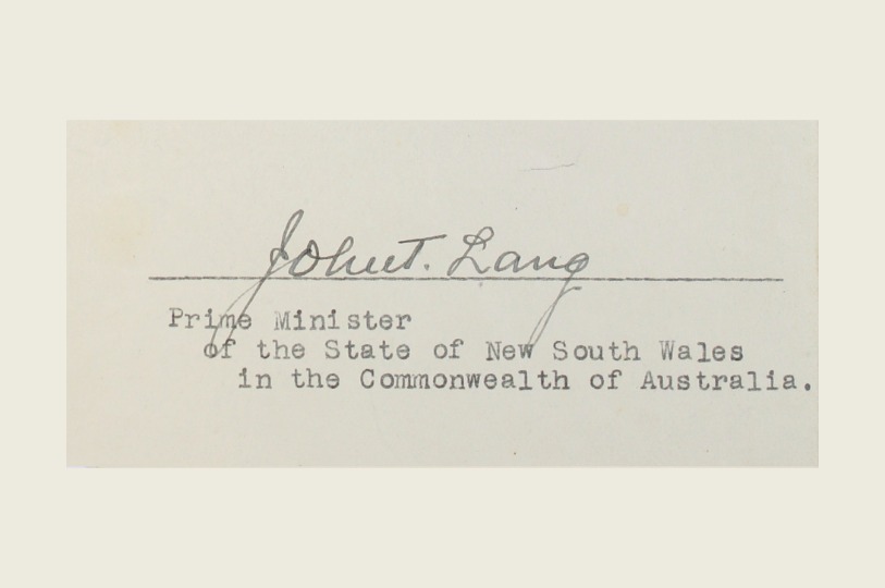 Close up of NSW Premier John T. Lang’s signature